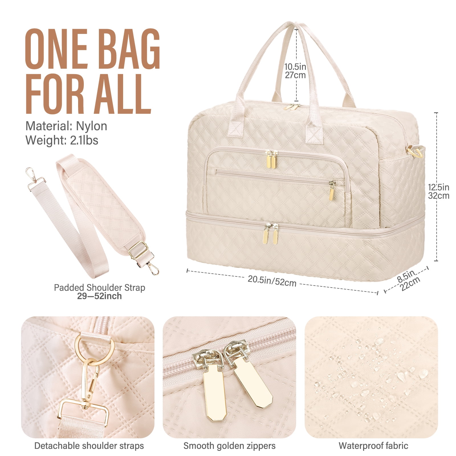 Livhil 2pcs Womens Overnight Bag, Carry on Weekender Bag with Shoe Compartment for Business Trips Sport Hospital, Beige