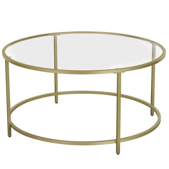 VASAGLE Round Coffee Table, 35.4-Inch Dia. Glass Table with Golden Steel Frame, Living Room Table, Sofa Table, Robust Tempered Glass, Stable, Gold