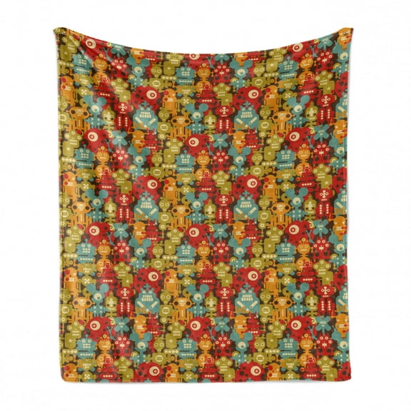 Cartoon Soft Flannel Fleece Throw Blanket, Colorful Robot Monsters Sci Fi Style Retro Game Cyborg Fantasy Alien Pattern, Cozy Plush for Indoor and Outdoor Use, 60" x 80", Multicolor, by Ambesonne