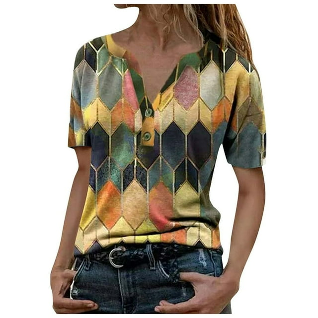 Mode Femmes Été Imprimé Manches Courtes Col en V T-Shirt Tops T-Shirt pour les Femmes