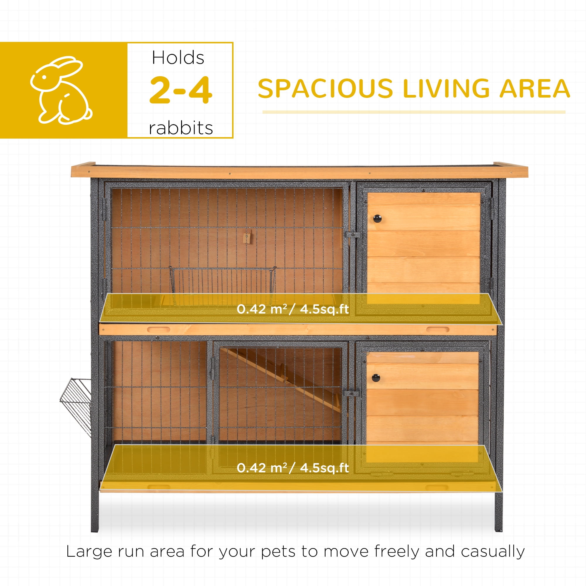 48" 2-Story Large Rabbit Hutch Bunny Cage Wooden Pet House Metal Frame with Individual Room, Ramp, No Leak Tray, Feeding Trough, Waterproof Asphalt Roof for Outdoor/Indoor