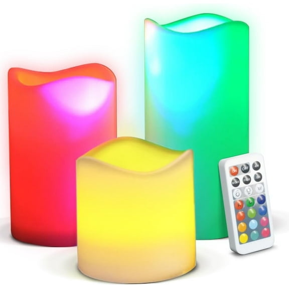 3Pcs Flameless Candles with Remote, Battery Powered LED Pillars Candles with Timer Function - 12 Preset Multi Colors