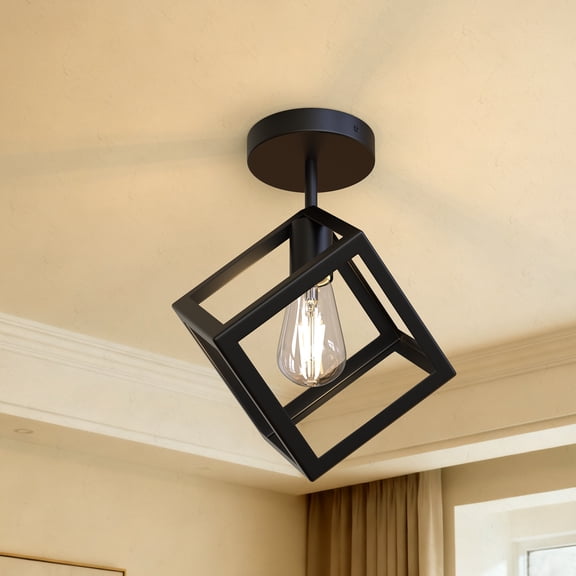 YANSUN 8.9 in Industrial Geometric Ceiling Light, Single Bulb Square Metal Frame for Living Room, Bedroom, Restaurant