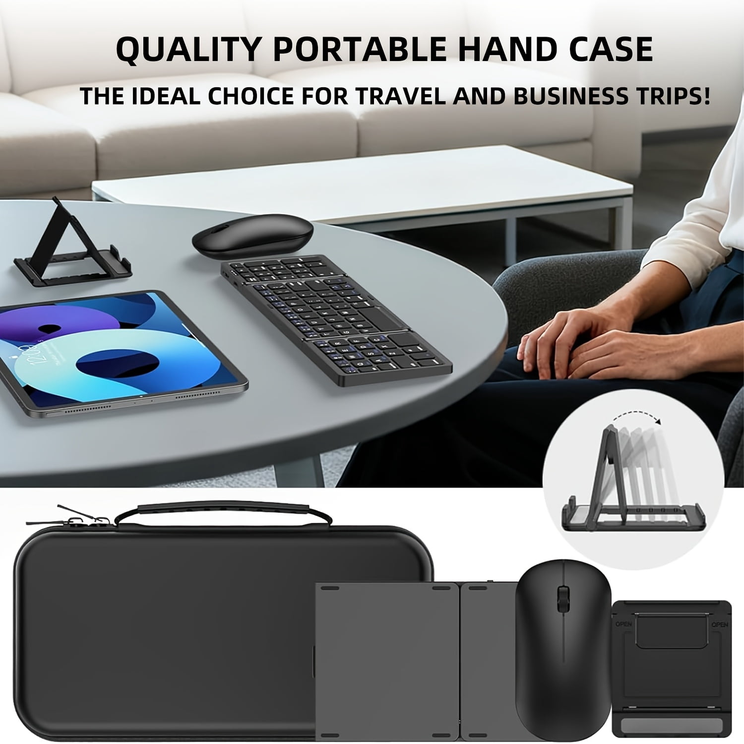 Rechargeable Foldable Keyboard with 2.4G Wireless + Bluetooth Mouse Combo, Folding Wireless Keyboard and Mouse with Portable Case for Windows, iOS, Android, macOS PC/Laptop/Tablet