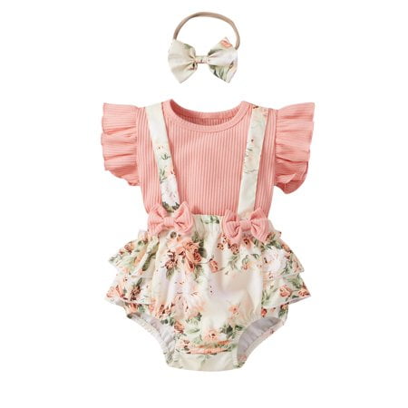 

Letiane Inafnt Baby Girls Short Sleeve Romper Tops Flower Suspender Shorts Headband Outfit Set Pink 12-18 Months