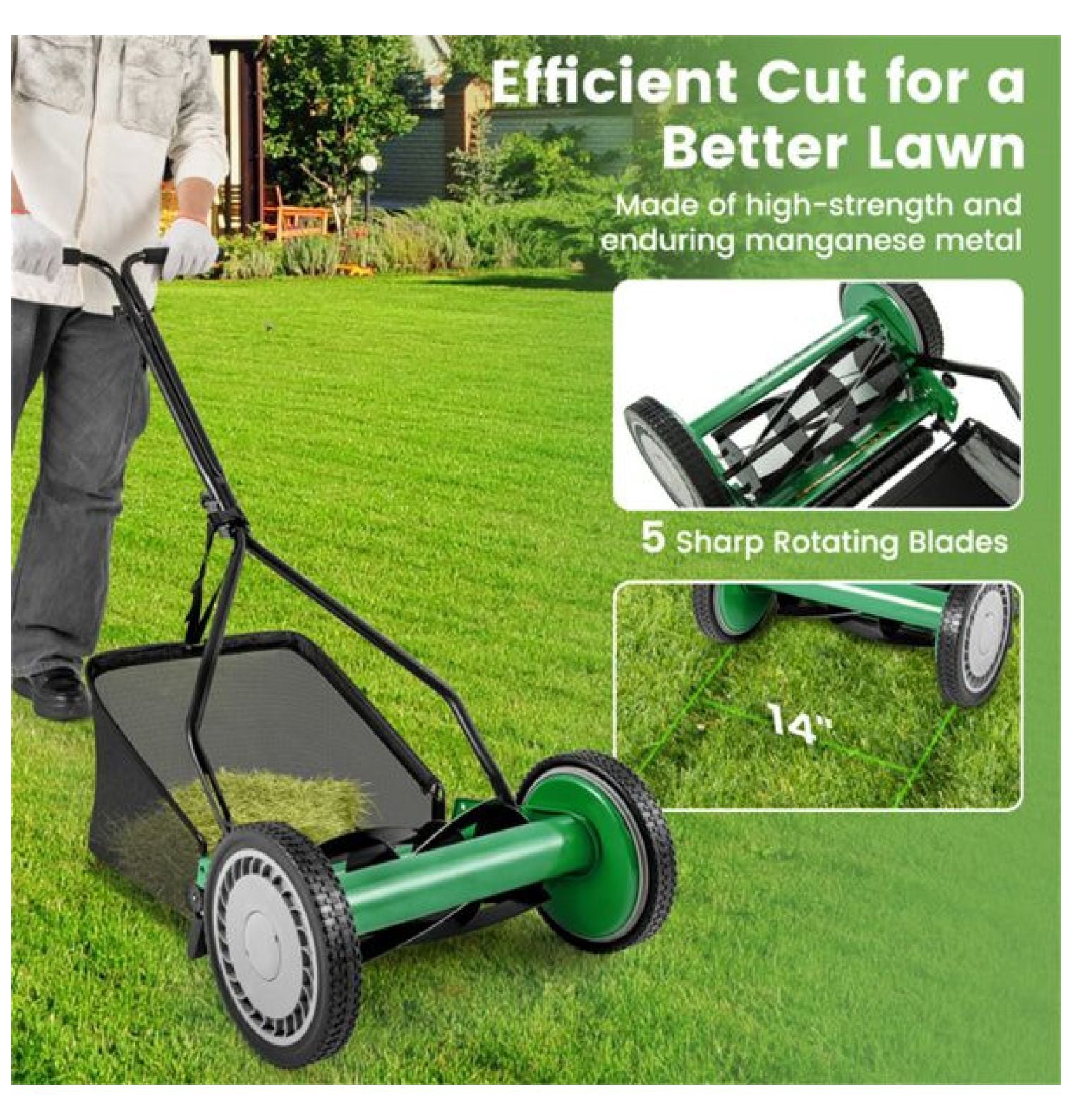 14 Inch Reel Lawn Mower with Grass Catcher - Manual Push Mower, Adjustable Height, 2-in-1 Cutting, Quiet Operation for Small Yards