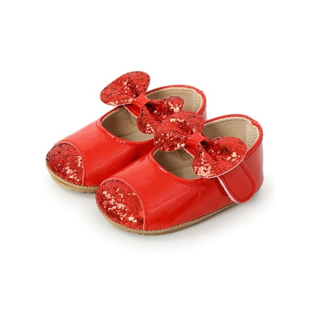 

SIMANLAN Baby Girls Princess Shoes Glitter Sandals Bow Dress Sandal Newborn Comfortable First Walking Shoe Infant Rubber Soft Sole Loafers Red 5C