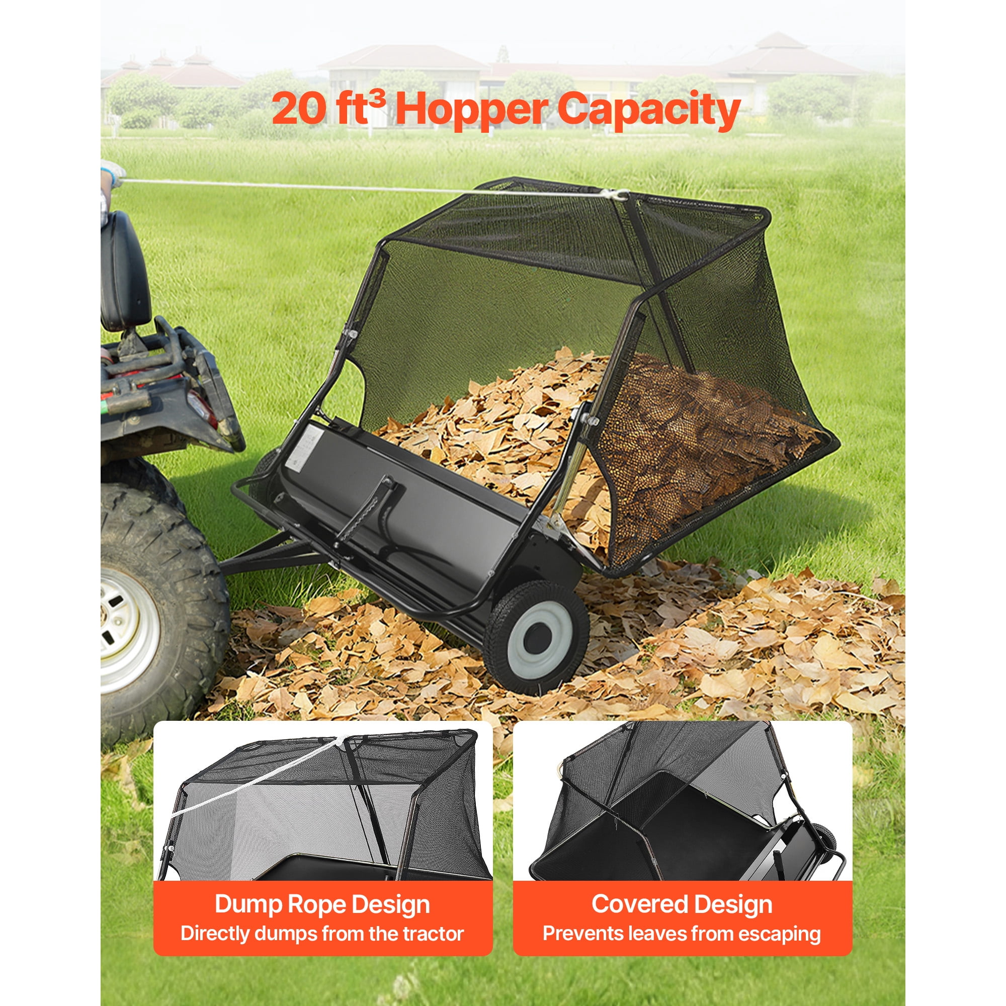 KFFKFF 48-Inch Tow-Behind Lawn Sweeper, 26 cu. ft Hopper Capacity, Yard and Garden Debris Collector with Dump Rope, Adjustable Height for Grass and Leaf Cleanup