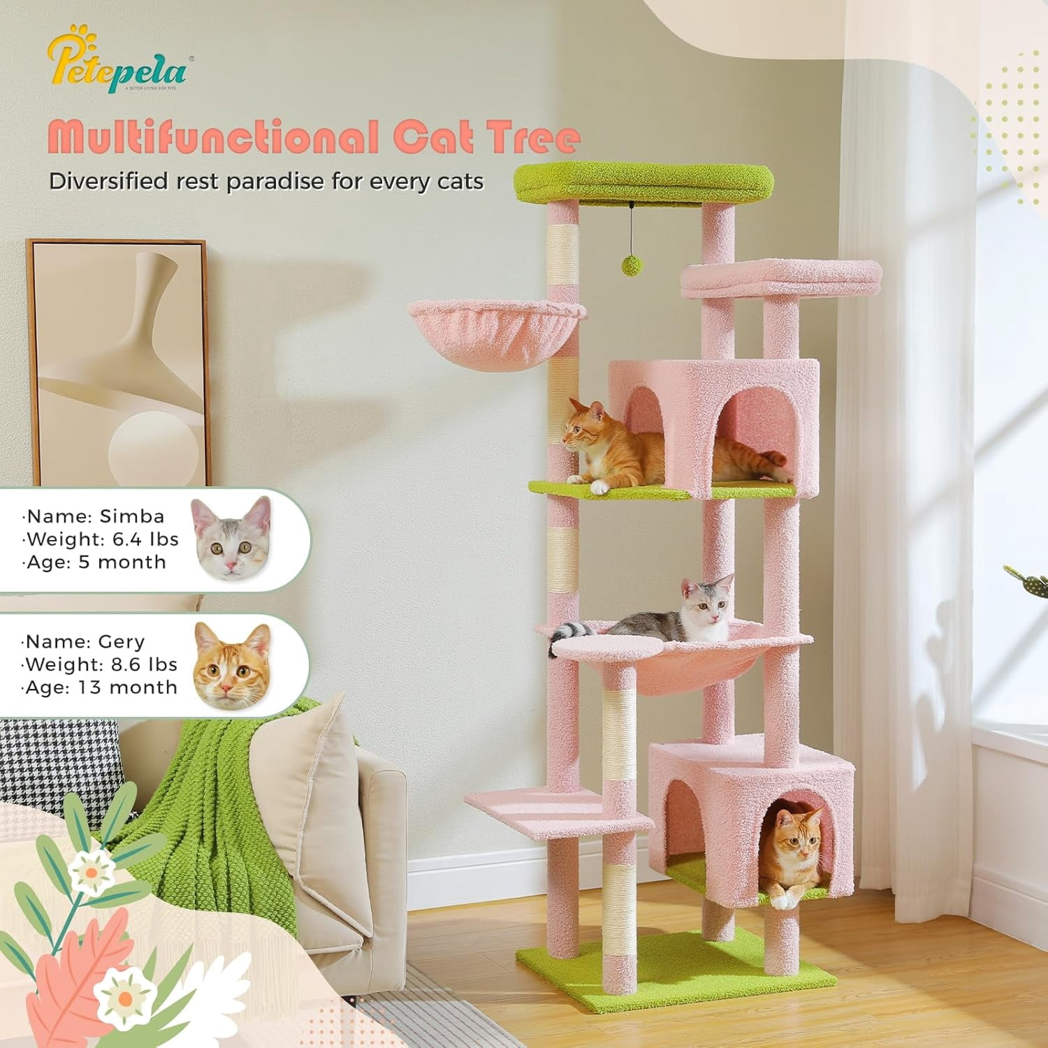 PETEPELA Large Cat Tree, 69-Inch Tall Cat Tower for Indoor Large Cats with Super Big Hammock, Cat Climbing Tree Tower with Scratching Posts, Cozy Condo House and Top Perch, Pink