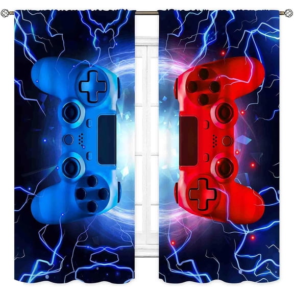 Gaming Curtains for Boys Room, Cooling Blue Red Flash Game Controller Gamer Window Drapes for Boys Kids Teens Living Room Bedroom Playroom Decor Gamepad Video Game Room 2 Panels, 84"x63" Inch
