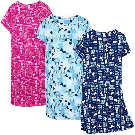 DAKIMOE 3 pack Nightgowns for Women Soft Cotton Short Sleeve Night Shirts Womens Print Sleep Shirts Loose Comfy Pajamas Sleepwear