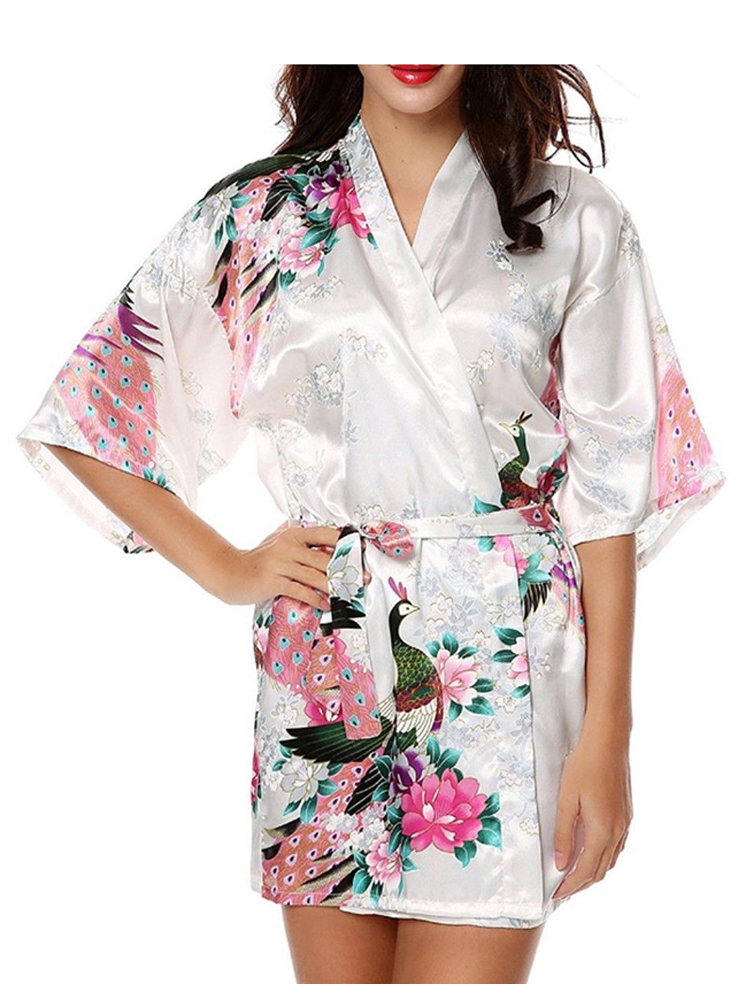 Lady Short/long Wedding Bridesmaid Satin Silk Dress Robe Floral Bathrobe Kimono 