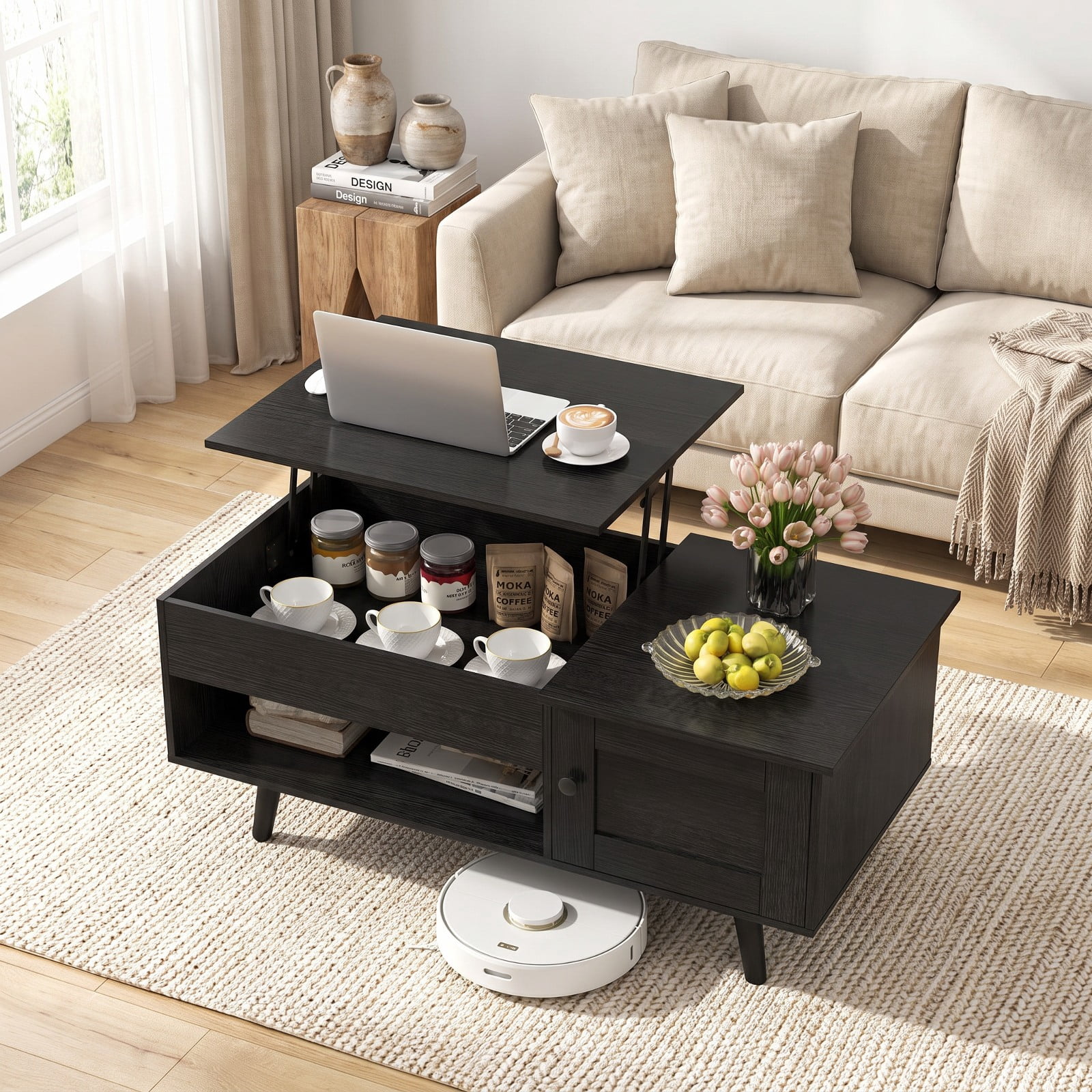 Furnibear Lift Top Coffee Table with Hidden Compartment Open Shelf and Storage Cabinet for Living Room and Home Office, Black