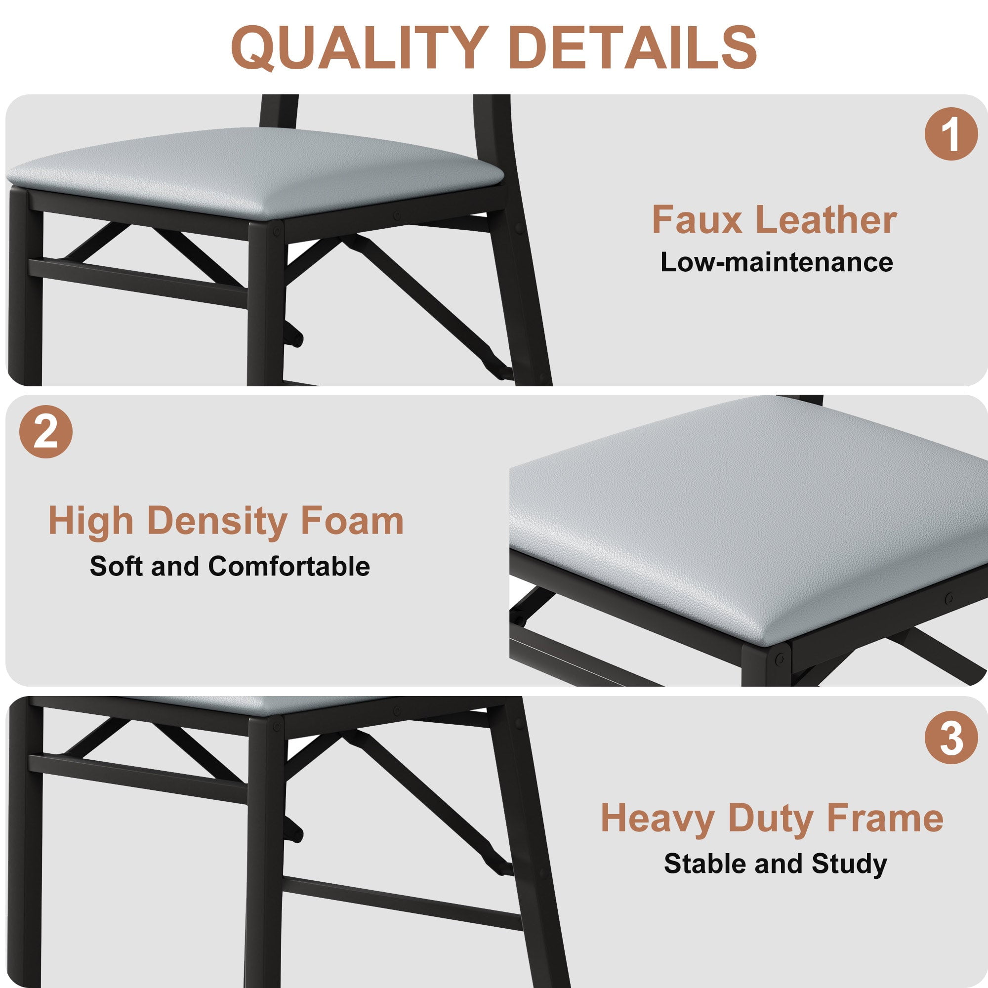 VECELO Dining Chairs Set of 2, Space-Saving and No Assembly, High Back PU Upholstered Folding Chairs with Metal Frame for Kitchen and Living Room, Grey