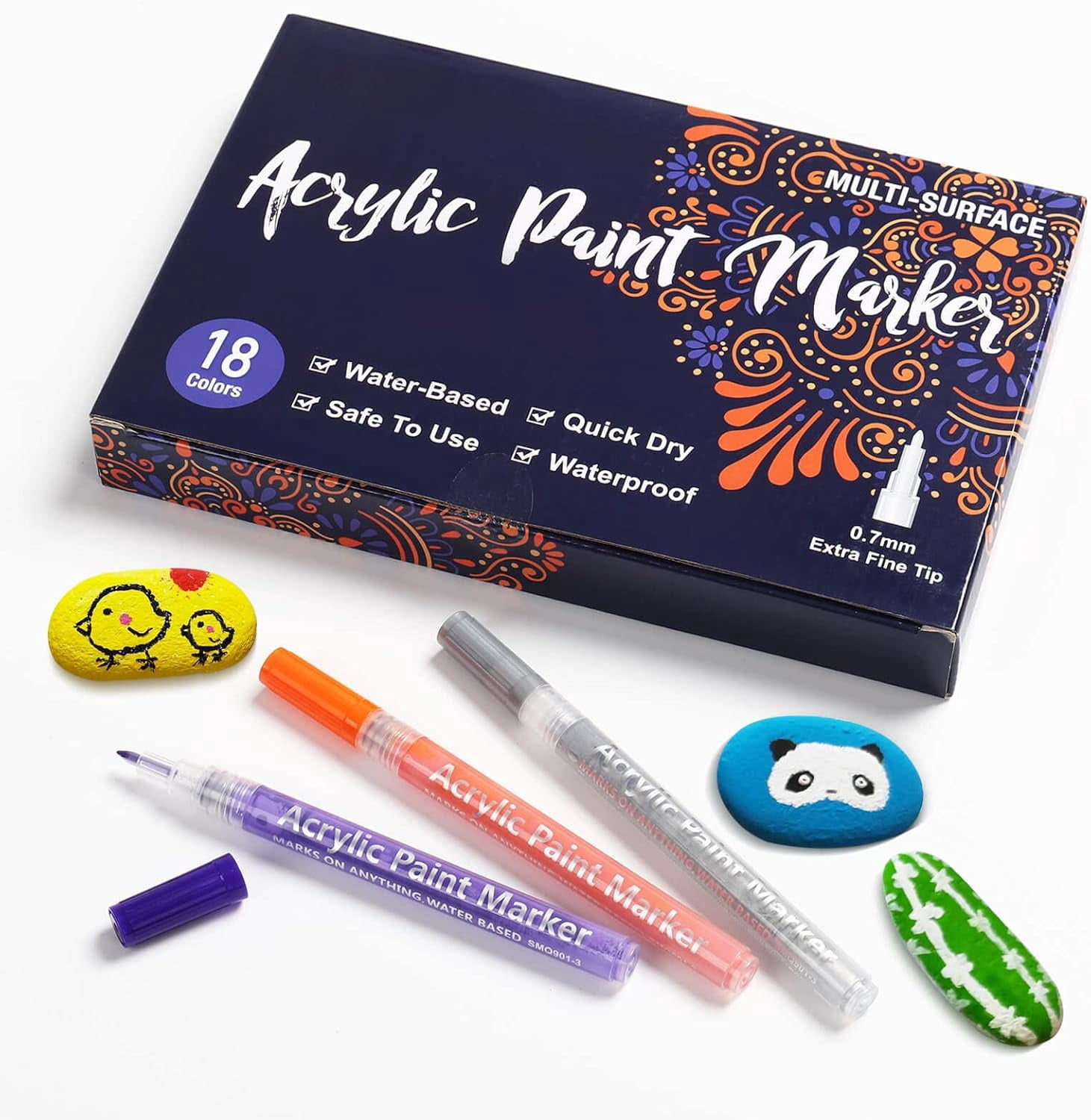 18 Color Extra Fine Tip Paint Pens - Premium Acrylic Paint Markers for Rock Painting, Canvas, Wood, Glass, Ceramic, Fabric