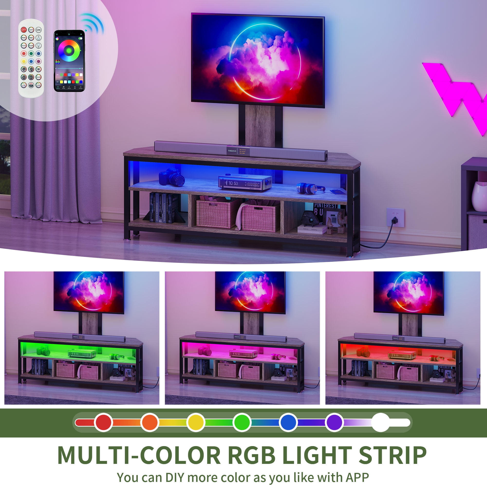 Uforic TV Stand Mount with Power Outlet, LED Entertainment Center for TVs up to 70 inches, Gray