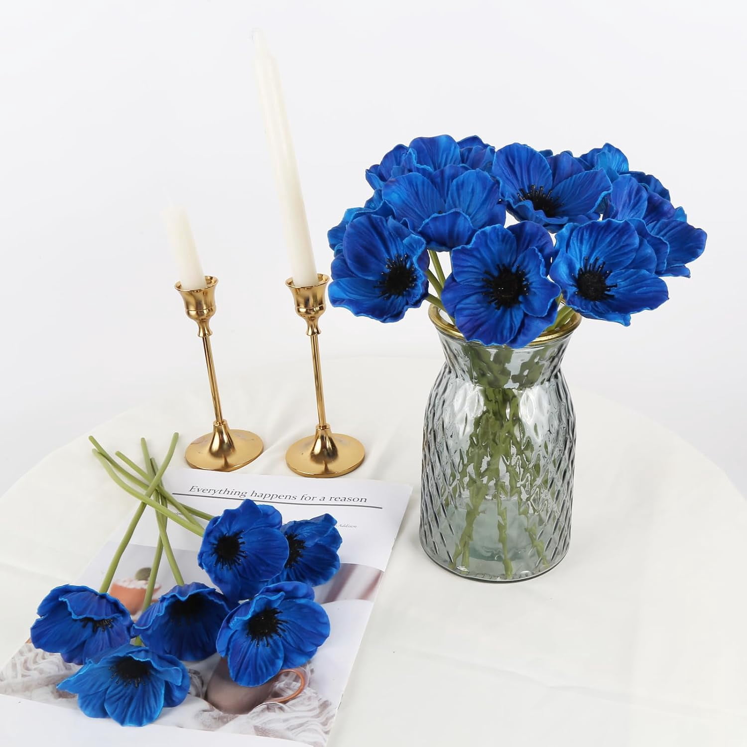 ABPETE Blue Poppy Flowers Artificial 20PCS Real Touch Faux Poppies with Stems 19.4" PU Fake Flower Arrangements for Wedding Centerpieces Bridal Shower Bouquets Home Table Garden Party Decor(Blue)