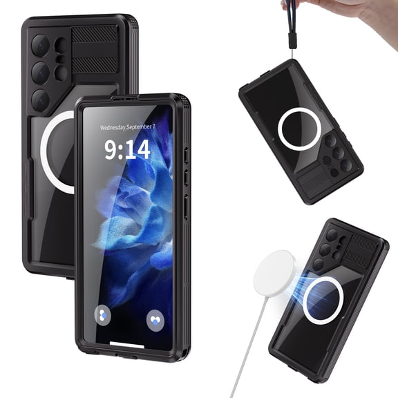 Poweltek Magnetic IP68 Waterproof Case for Samsung Galaxy S26 Ultra, Shockproof with Built-in Screen Protector Clear Back Full Body Protection Cover, Black