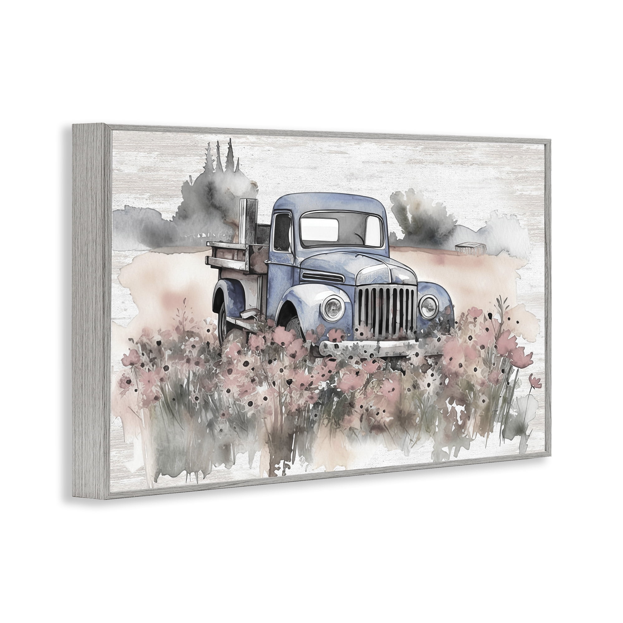 Stupell Industries Pickup in Floral Meadow Transportation Painting Gray Framed Art Print Wall Art, 18 x 12