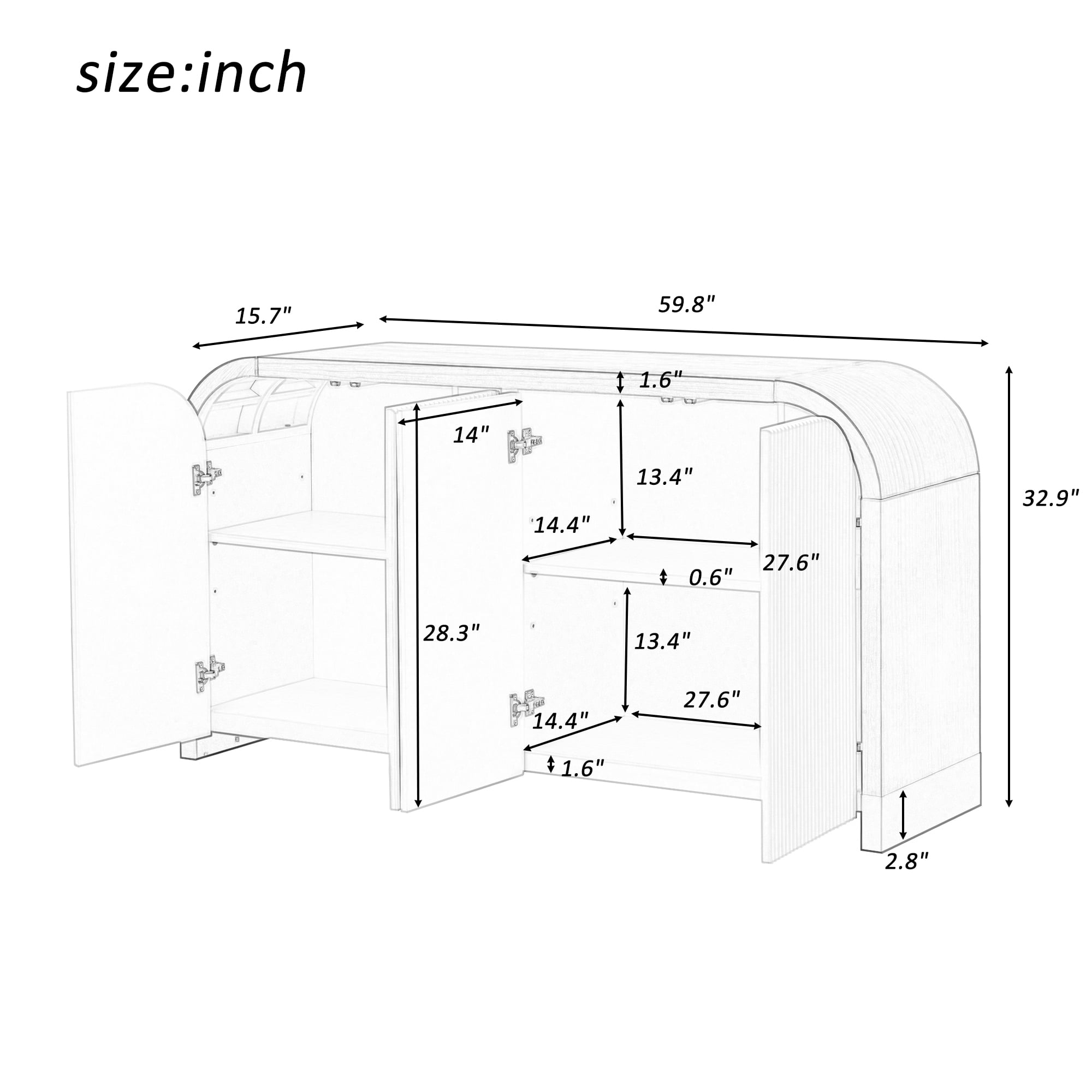 Lunale Modern Storage Sideboard, Curved Corner Design Wavy Door Panel Cabinet with Adjustable Shelves, White