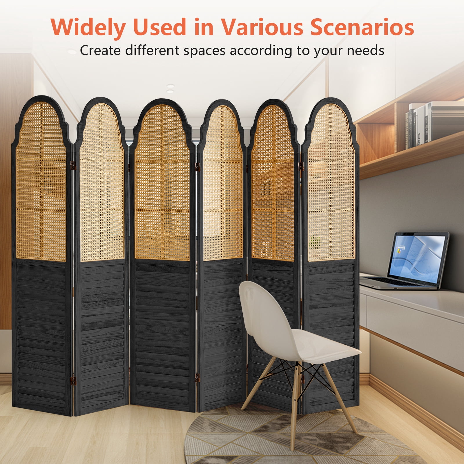 Aletheiawu 6 Panel Rattan Room Divider, Foldable Privacy Screen, No Installation Required, Black
