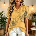 thumbnail image 4 of Boho Patchwork Print Blouse for Women, V-Neck Short Sleeve Button Down Top with Puff Sleeves - Colorful Casual Summer Tunic Shirt for Vacation & Beach Yellow XXL, 4 of 6