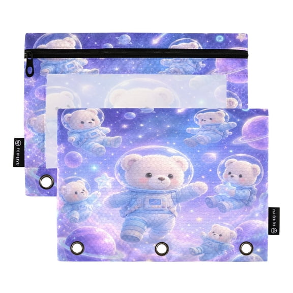 2 Pack 3 Ring Binder Pouch with Clear PVC Window Water Resistant Zipper Pencil Pouch Dreamy Space Teddy Bears Binder Pocket for Classroom Office Home Stationery Organization