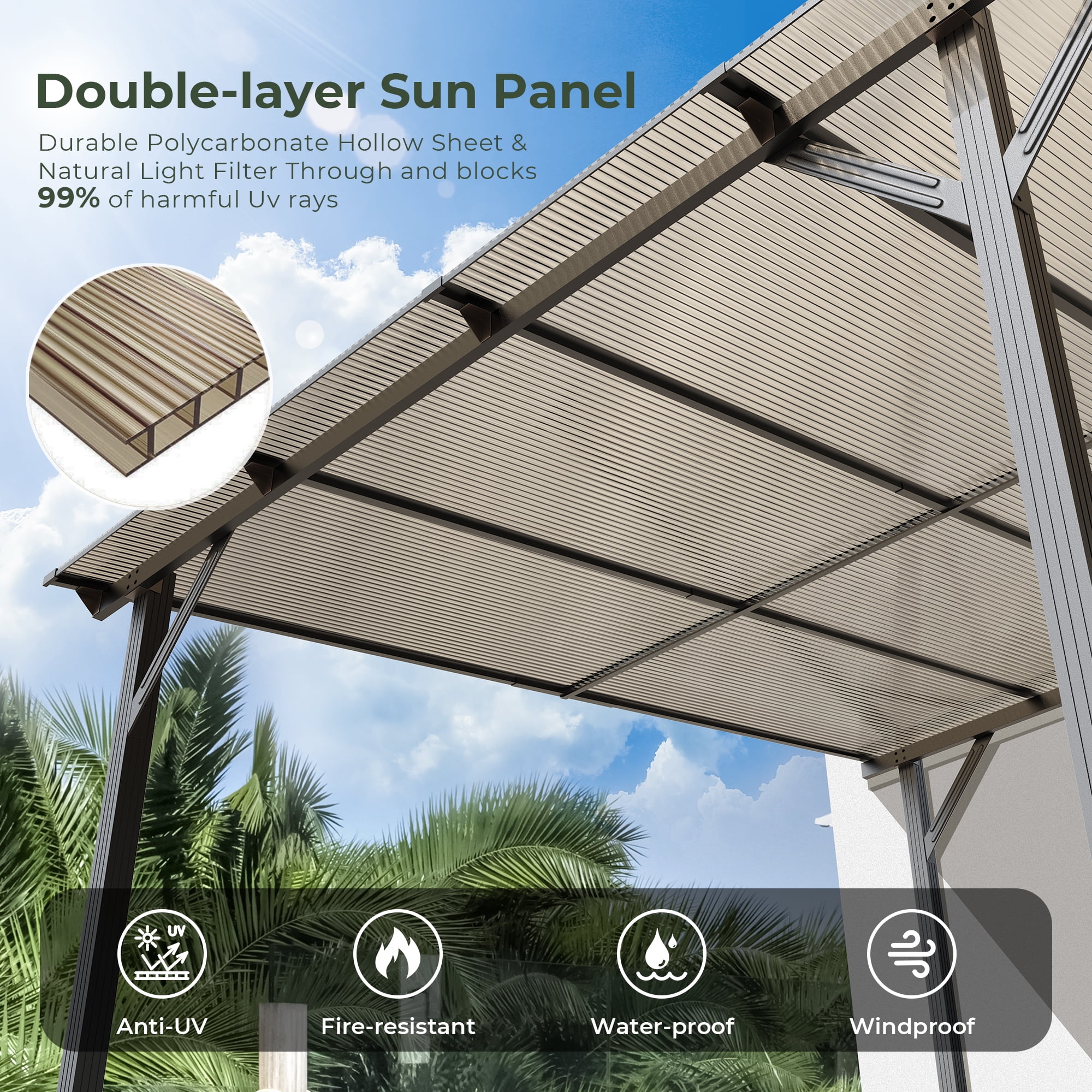 GVDV  14'x10' Wall Mounted Pergola, Aluminum Patio Gazebo with Waterproof & UV Protection, Outdoor Gazebo for Backyard/Deck