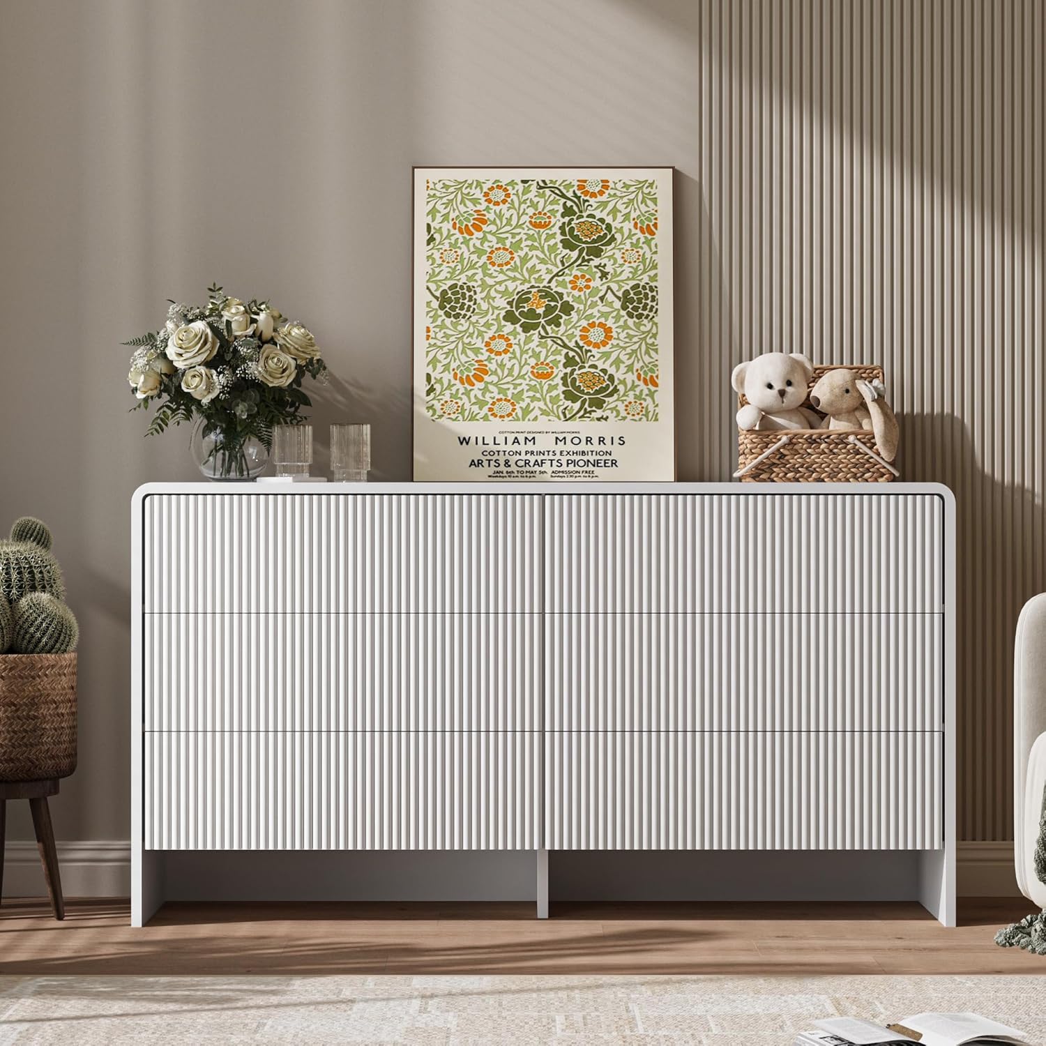 FURNIWAY White Curved 6 Drawer Dresser Push to Open Modern Curved Storage for Bedroom Living Room Closet