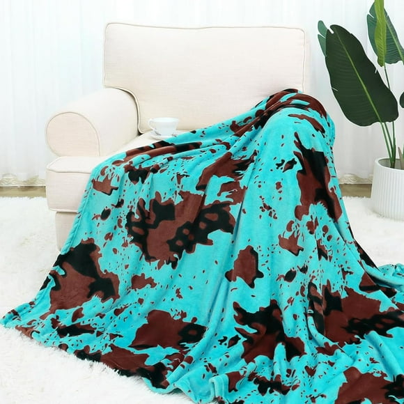 cow print Fleece Turquoise Blue Blanket Kids Cyan Teal Fuzzy Throw Blankets Light Sea Green Blanket Stuff Decor Gifts for Teen Girls Boys