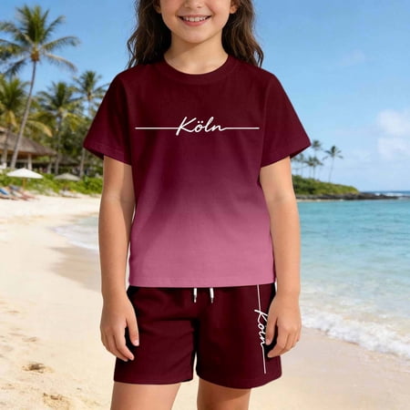 XIAONA Outfit Sets For Girls Casual City Letter Printed Short Sleeve Gradient Loose Fit Crew Neck T Shirt And Shorts 2 Piece Set Cute Comfortable Fashion Summer Outfits For Kids Children 2-3 Years