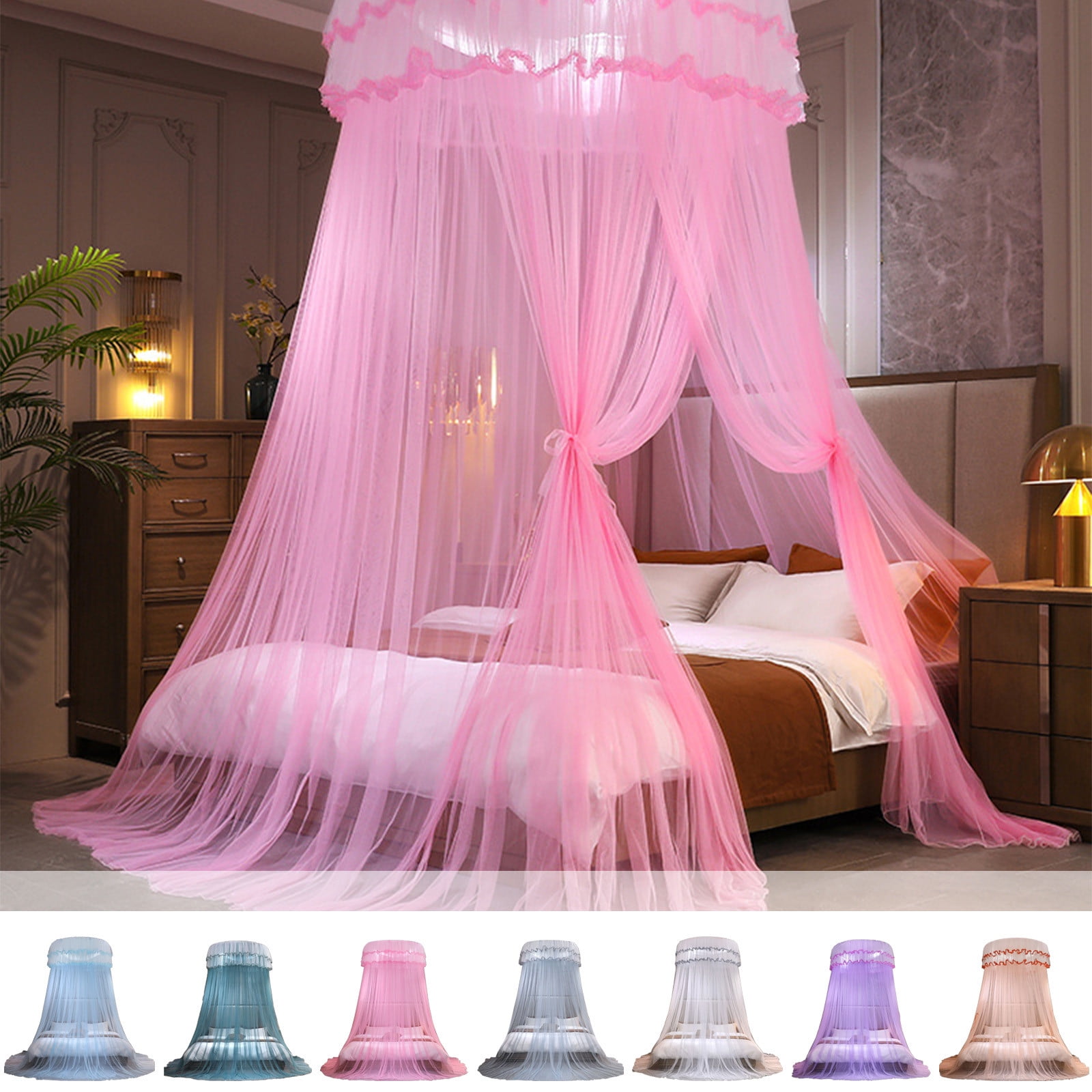 Princess Canopy Bed Mosquito Net with Ceiling Hook, 47x106 Inch Dome Shape Folding Net for Single Double Bed, Romantic Lace Trim Bed Canopy Curtain