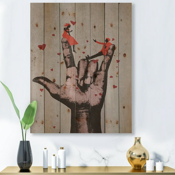 Designart 'I Love You Hand Sign With Romantic Couple' Modern Print on Natural Pine Wood