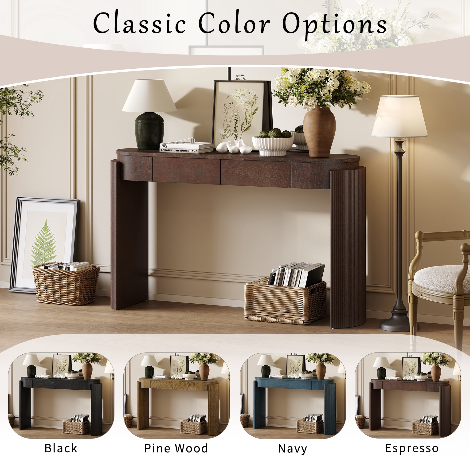 Harper & Bright Designs Fluted Console Table with Storage, Wood Entryway Table with Drawers and Oval Top Shelf, Espresso