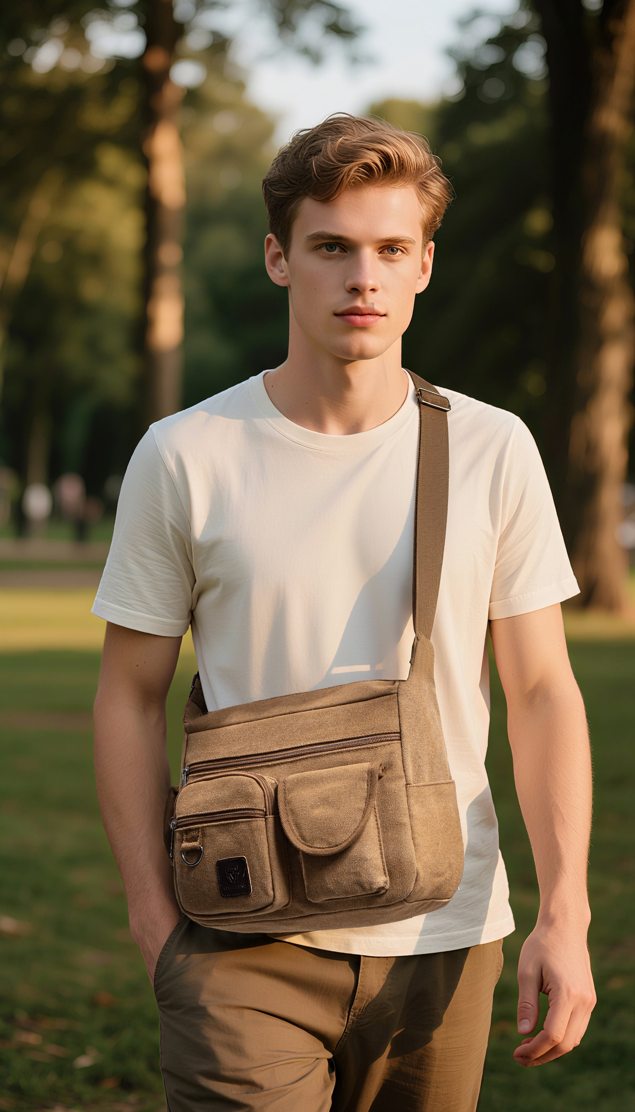 LEBULLBRO Canvas Messenger Bag for Mens Womens Multi-pockets 13 inch Laptop Shoulder Sling Bags School Crossbody Bags Travel Brown