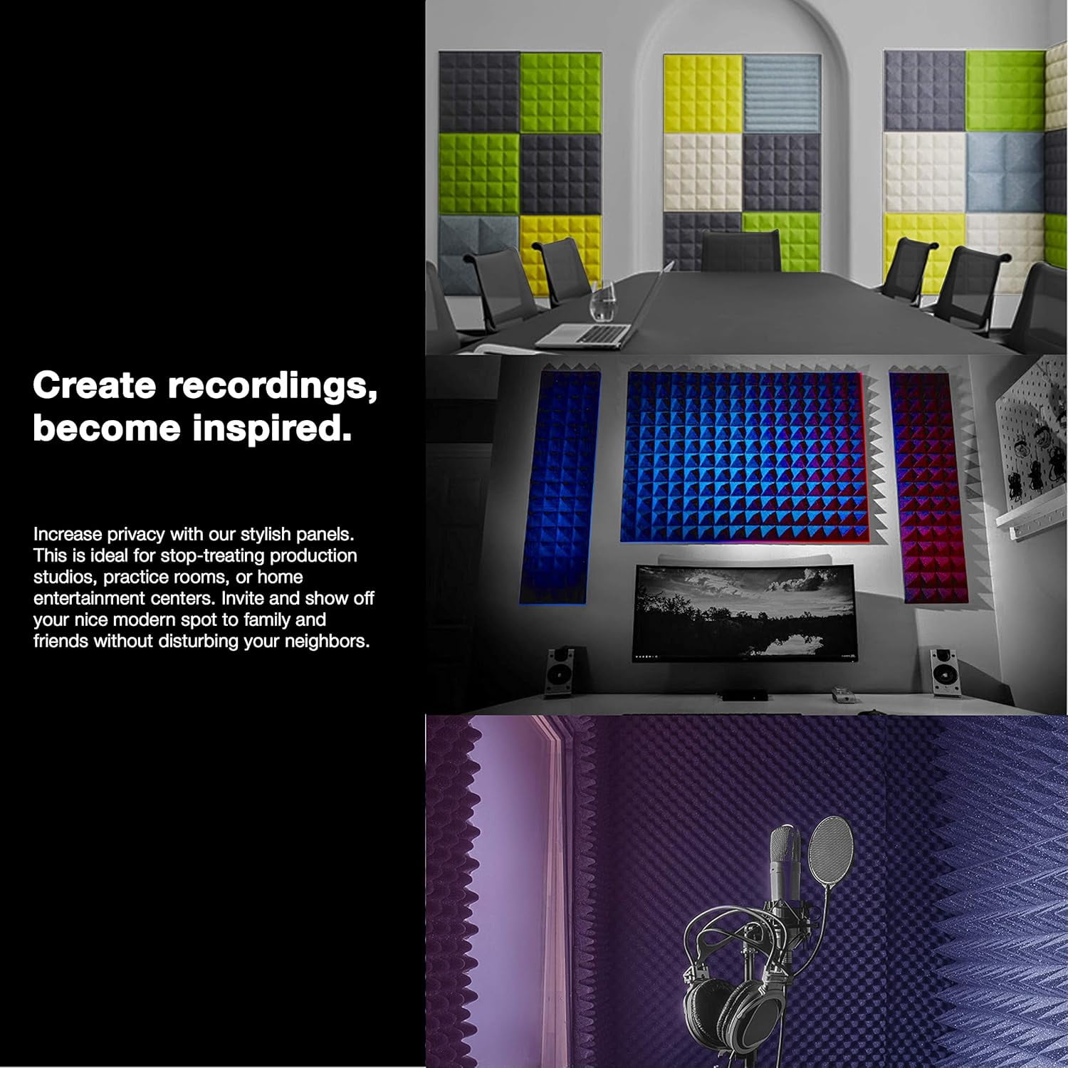 FStop Labs Acoustic Foam Panels, 3D Polyurethane Soundproof Wall Panels, 12 in x 12 in x 0.4 in, Black, 12 Pack