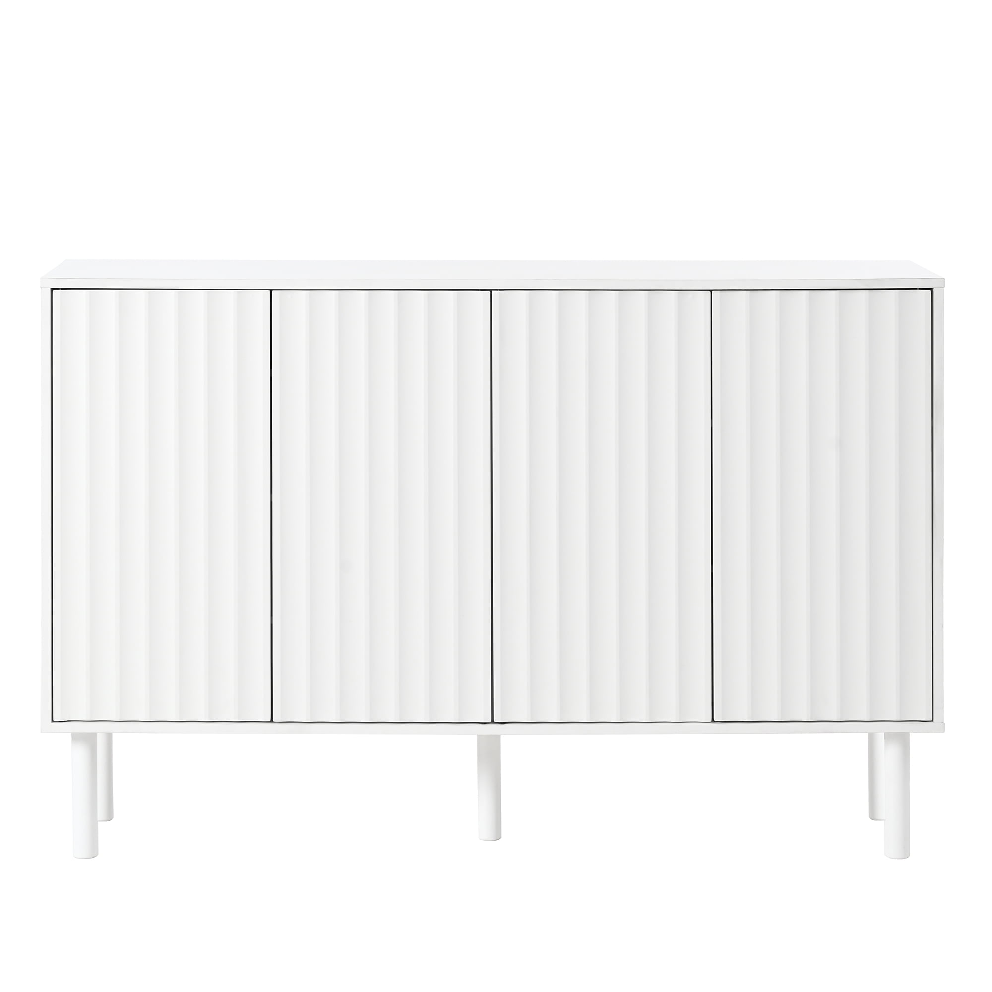MAYEERTY Minimalist Shoe Cabinet with 5 Solid Wood Legs, Cream Style Sideboard Buffet Cabinet with Fluted Doors, Large 4-Door Storage Cabinet with Adjustable Shelves