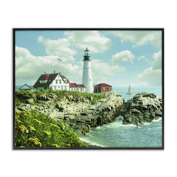 Stupell Industries Coastal Portland Lighthouse Peninsula Scene Black Framed Giclee Art, 14 x 11, by Alan Giana & Company