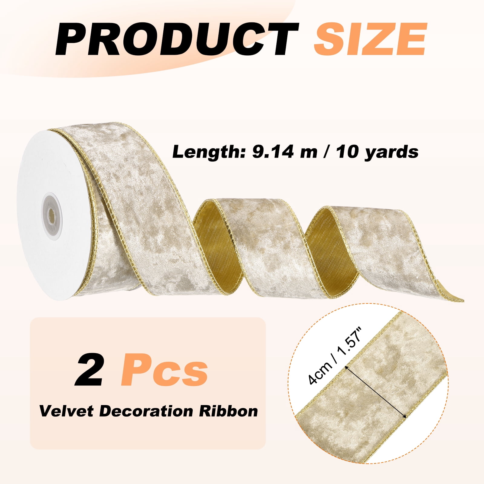 Uxcell Velvet Wired Ribbon, (1.6 Inch x 10 Yards, 2 Pcs)(Champagne) Velvety Gold Crushed Ribbons Gift Wrapping Binding, Suit For- Crafts/Bow/Wreaths/Christmas Tree Decoration