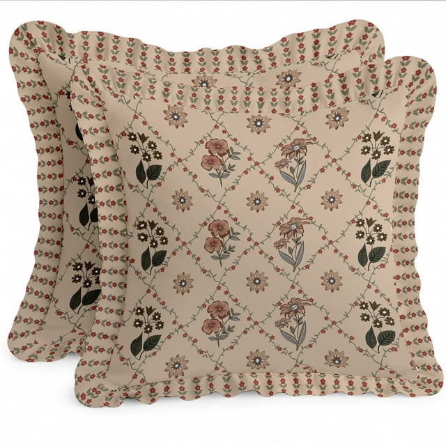 Cotton Twill Frill Cushion Covers by Vargottam - 18 Inch Square, Set of 2, Reversible Print, Farmhouse Throw Pillow Covers with Hidden Zipper - Floral Print