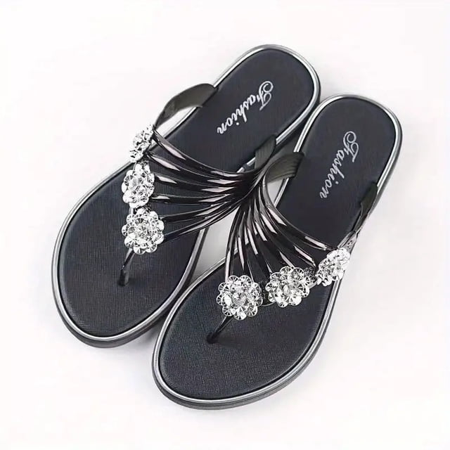 Stylish Women‘s Floral Rhinestone Flip Flops - Comfortable Open Toe Slip On Flat Slide Sandals for Outdoor Beach Wear