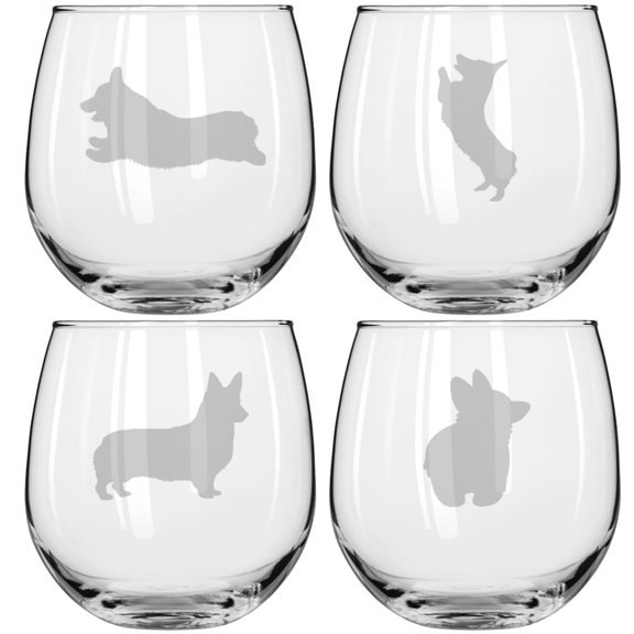 Set of 4 Wine Glass for Red or White Wine Gift Corgi Collection (16 oz Stemless)
