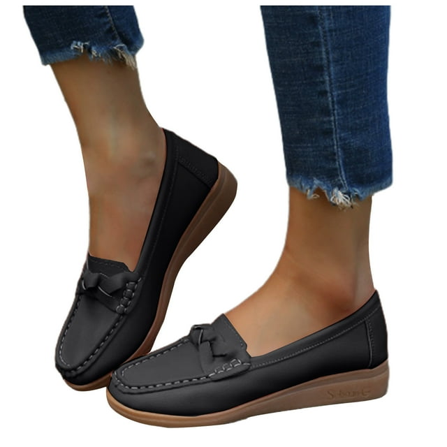 Mocassins à Talon Compensé pour Femmes Printemps Automne Mode Cuir Souple Confort Talon Bas à Enfiler Décontractés Marche Chaussures Bateau