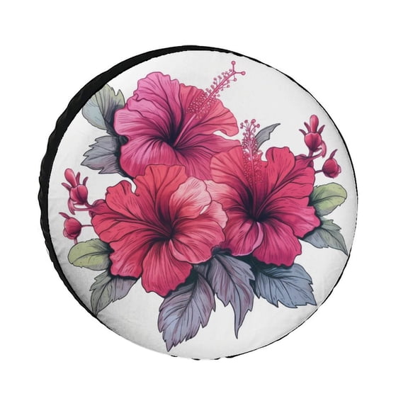 Camping Spare Tire Cover Hibiscus Flowers Waterproof Polyester Wheel Protectors Wheel Covers Tropical Floral Tire Cover for Fit for SUV Truck Travel Trailer 12inch
