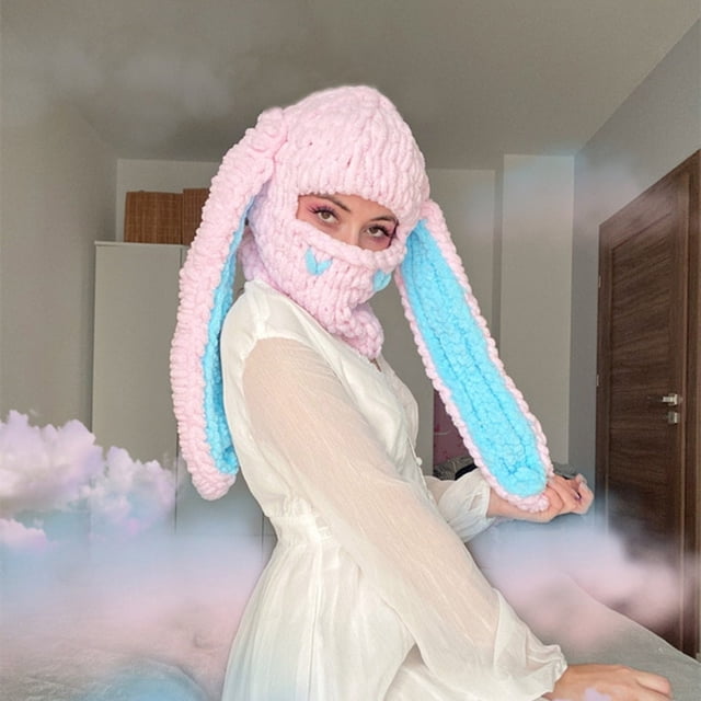 Mefallenssiah Head Cover New Sweet Cool Wind Hat Hand-Knitted Plush Hat Big Rabbit Ears Thickened Warm Mask