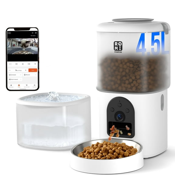 Romiromi Automatic Cat Feeder and Water Fountain,4.5L /19 Cups WiFi Timed Pet Food Dispenser with Camera, 85oz/2.5L Water Fountain Dispenser for Cats and Dogs,Voice Recorder, Stainless Steel Bowl,