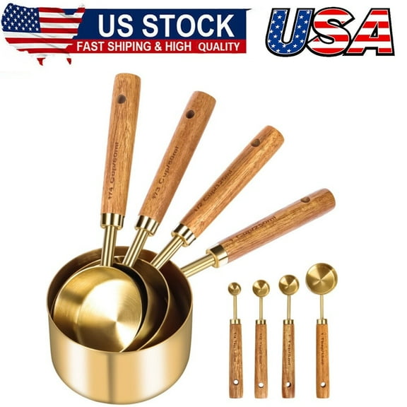 8Pcs Gold Measuring Cups and Spoons, Wood Handle with Metric and US Measurements