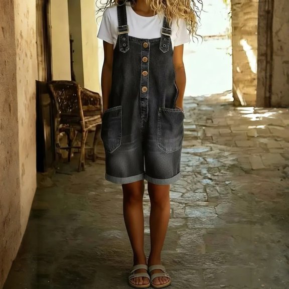 Women's Denim Overalls Y2K Wide Leg Loose Bib Jean Rompers Button Front Adjustable Straps Causal Jumpsuits with Pockets, S