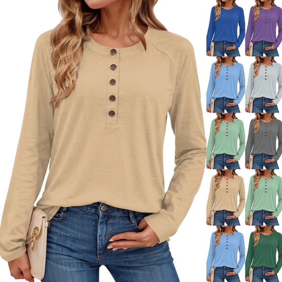 Women's Long Sleeve Shirts 2026 Spring Fashion Dressy Casual Tops Trendy Henley Blouses Cute Work Outfits Clothes, Dark Green, L