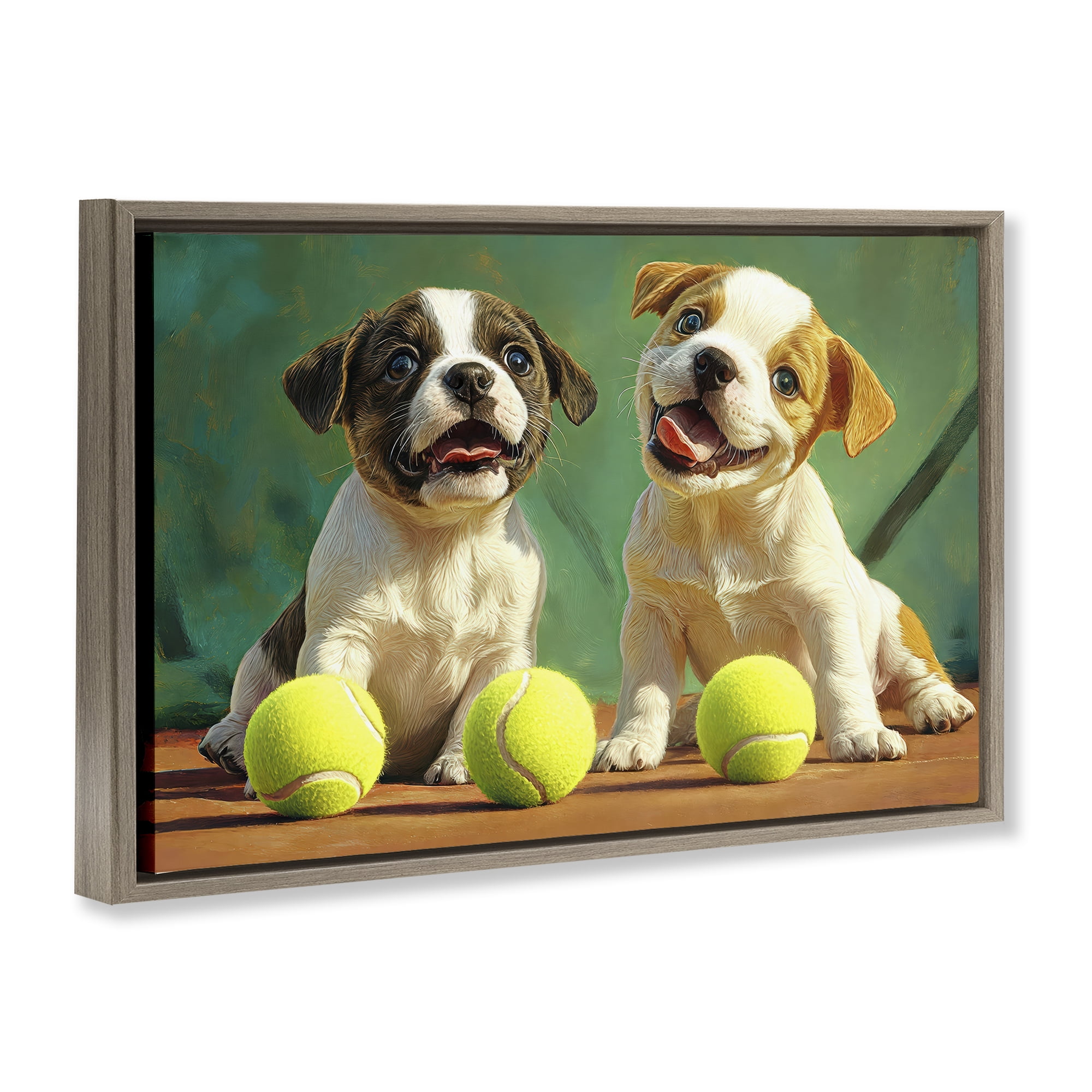 Stupell Industries Adorable Puppies with Tennis Balls Brown Framed Floater Canvas Wall Art, design by Imagine It Images